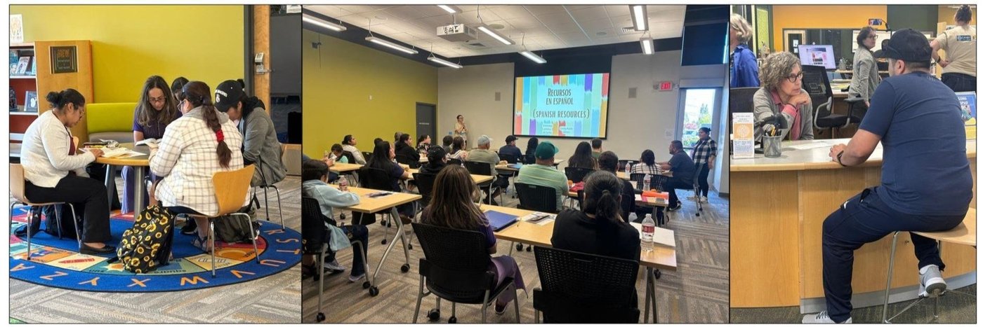 Collage of 3 images of adults attending learning events at a public library