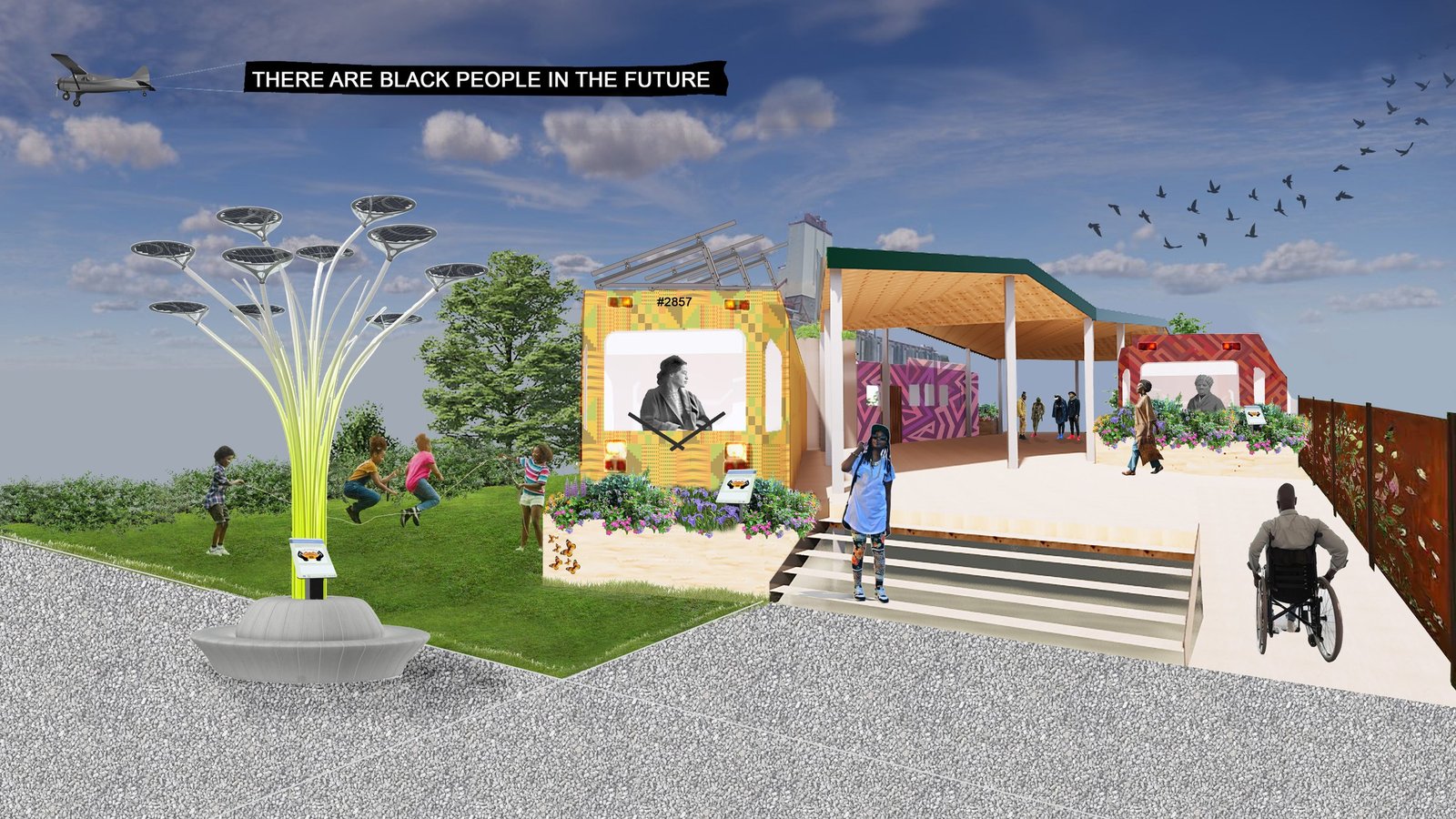 Conceptual rendering of an Afrofuturistic space. Text reads “There are Black people in the future”
