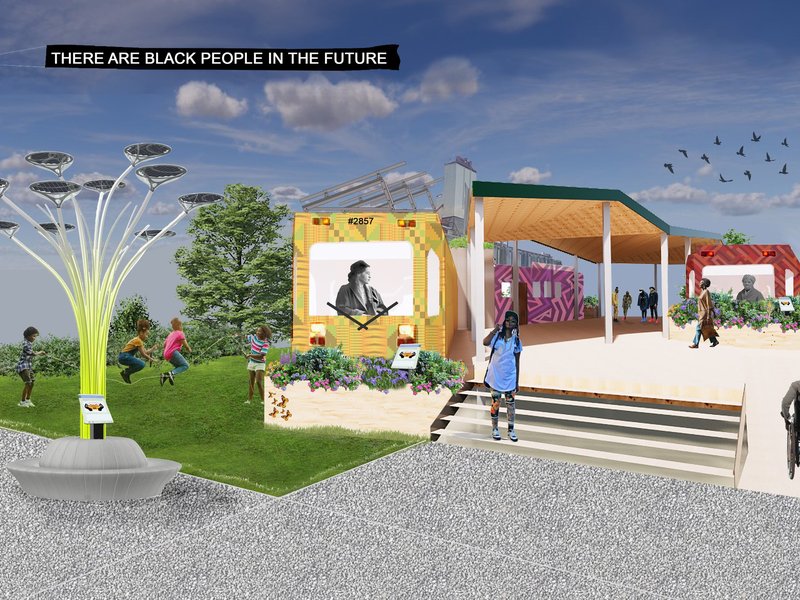 Conceptual rendering of an Afrofuturistic space. Text reads “There are Black people in the future”