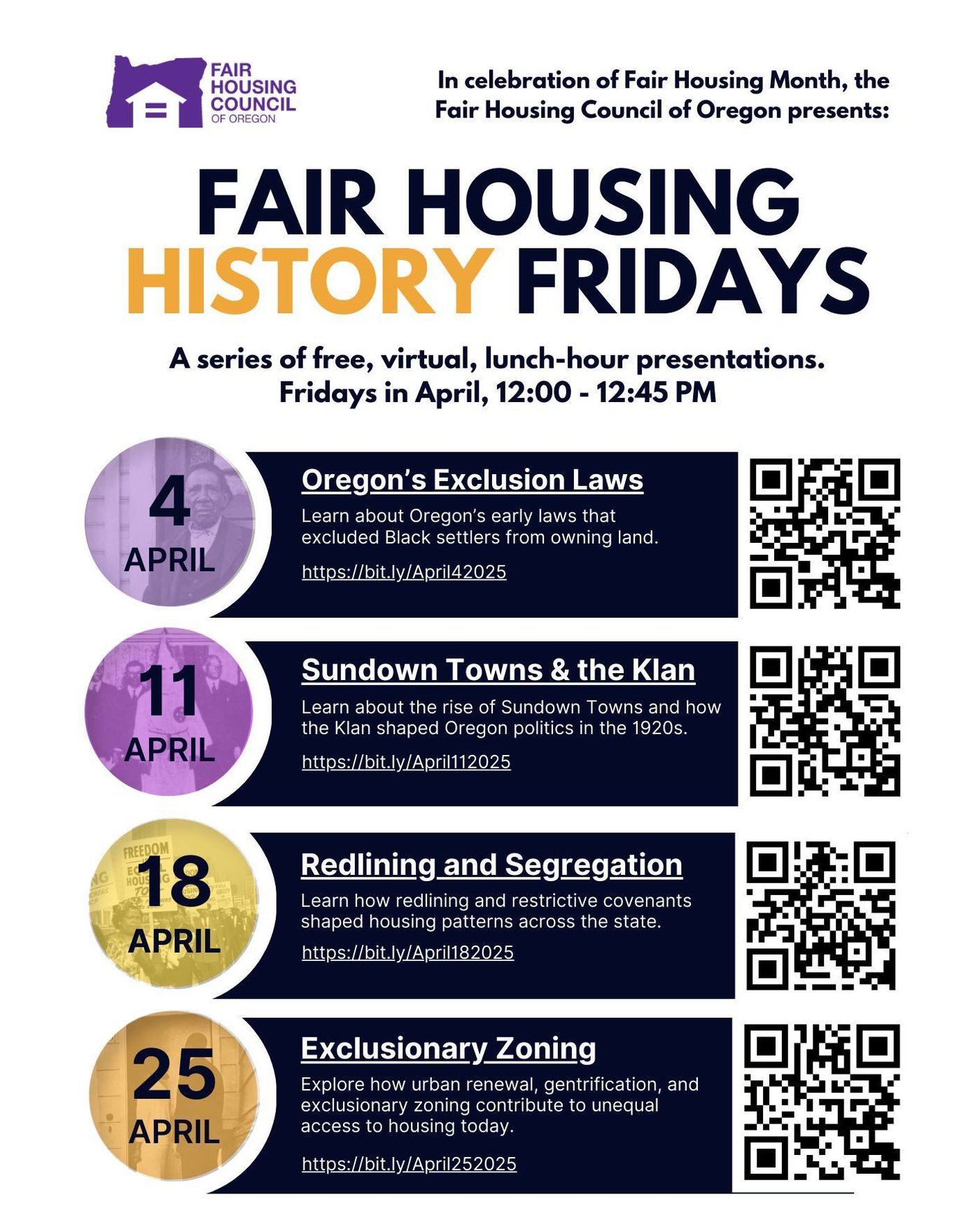 Flyer for Fair Housing History Fridays. For text in this flyer, see https://drln.org/news/fair-housing-history-oregons-exclusion-laws/