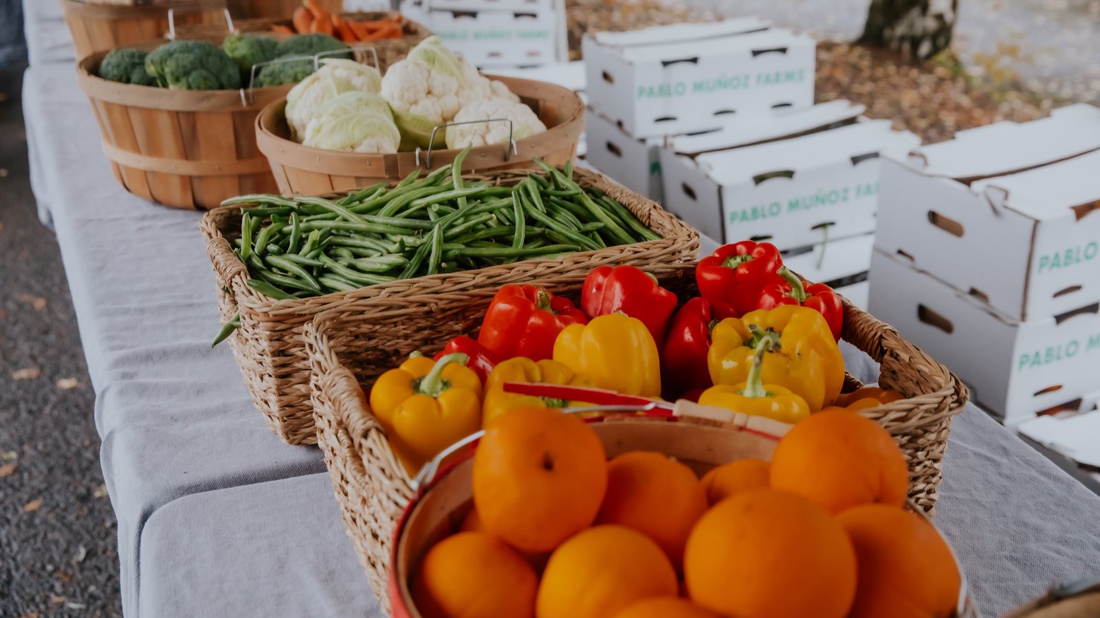 Baskets of fresh produce and other fresh food for distribution