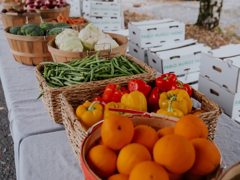 Baskets of fresh produce and other fresh food for distribution