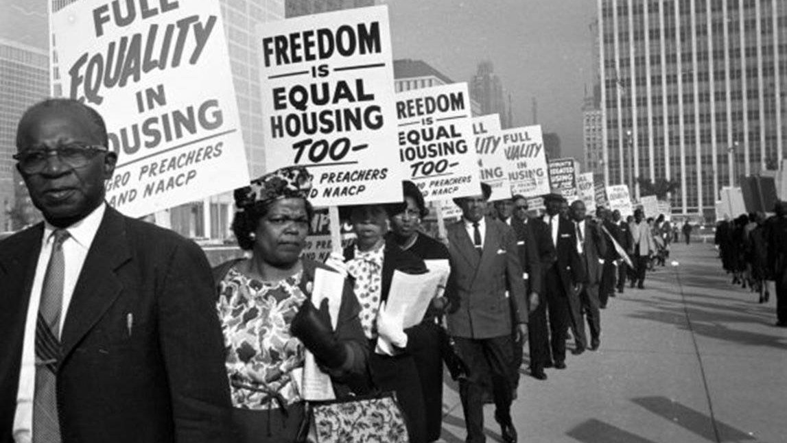 Historic photo from 1963 of a demonstration for equal housing
