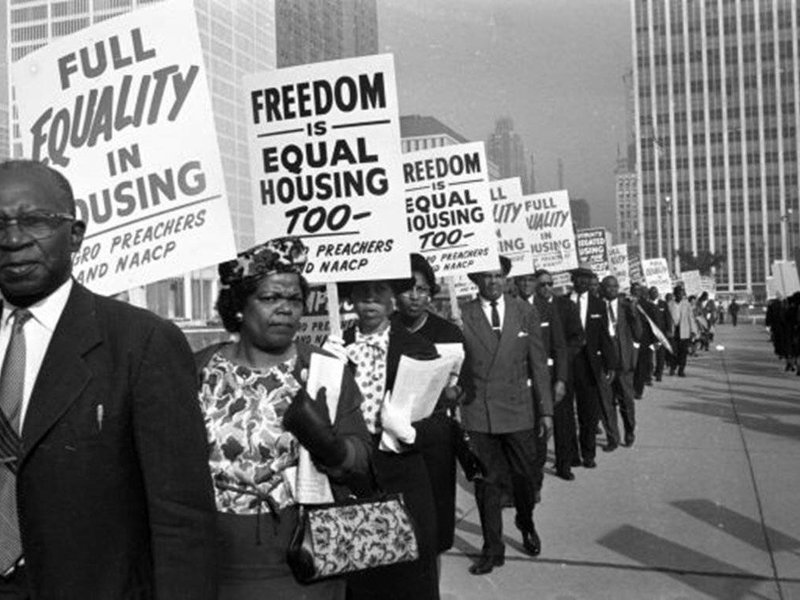 Historic photo from 1963 of a demonstration for equal housing