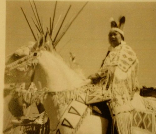 Michele Pinkham’s grandmother in regalia, on horseback