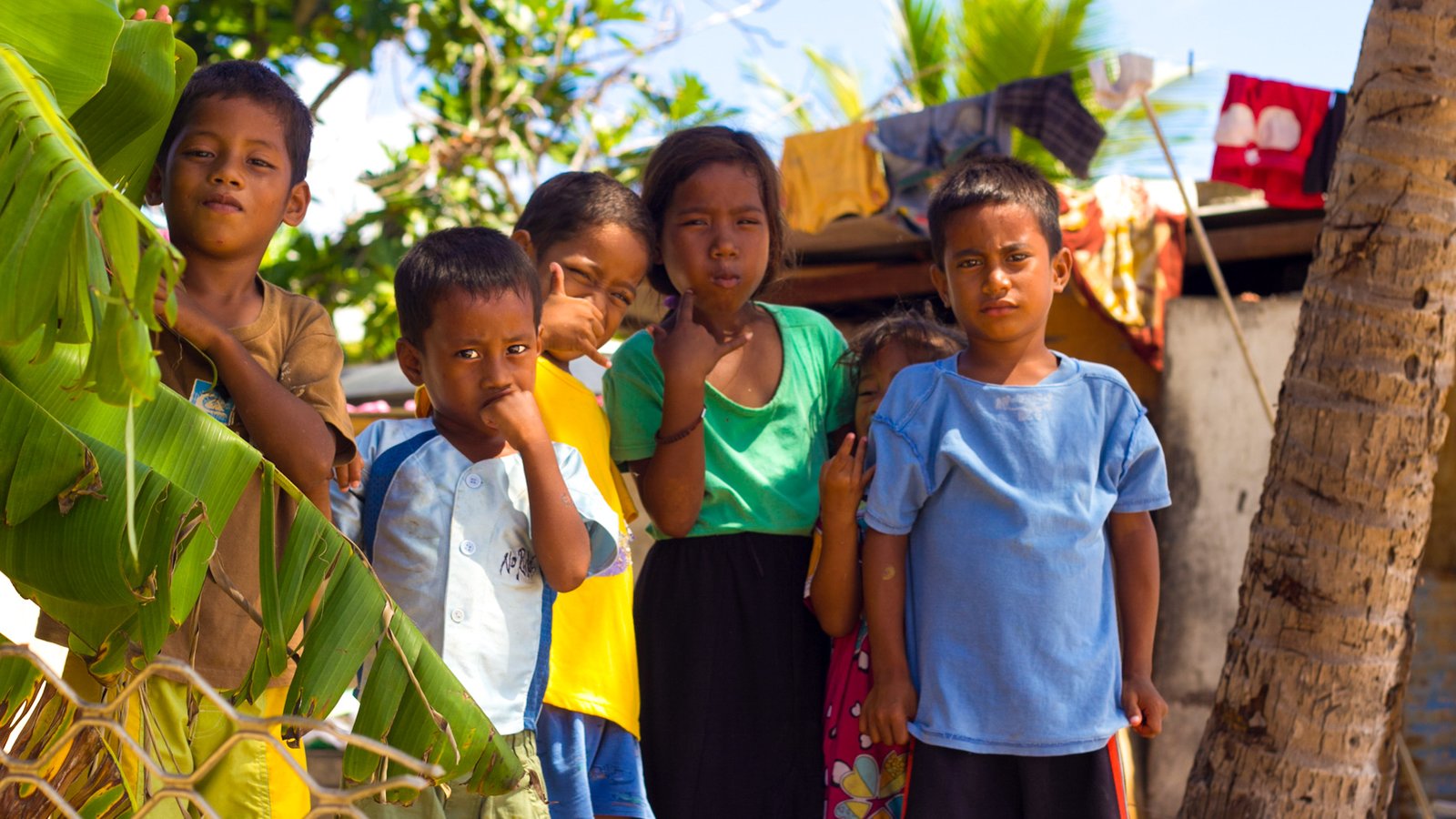 Portrait of Islander children standing amid palm trees