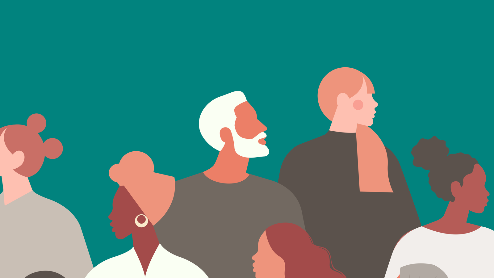 Illustration of many people of various demographics, in profile