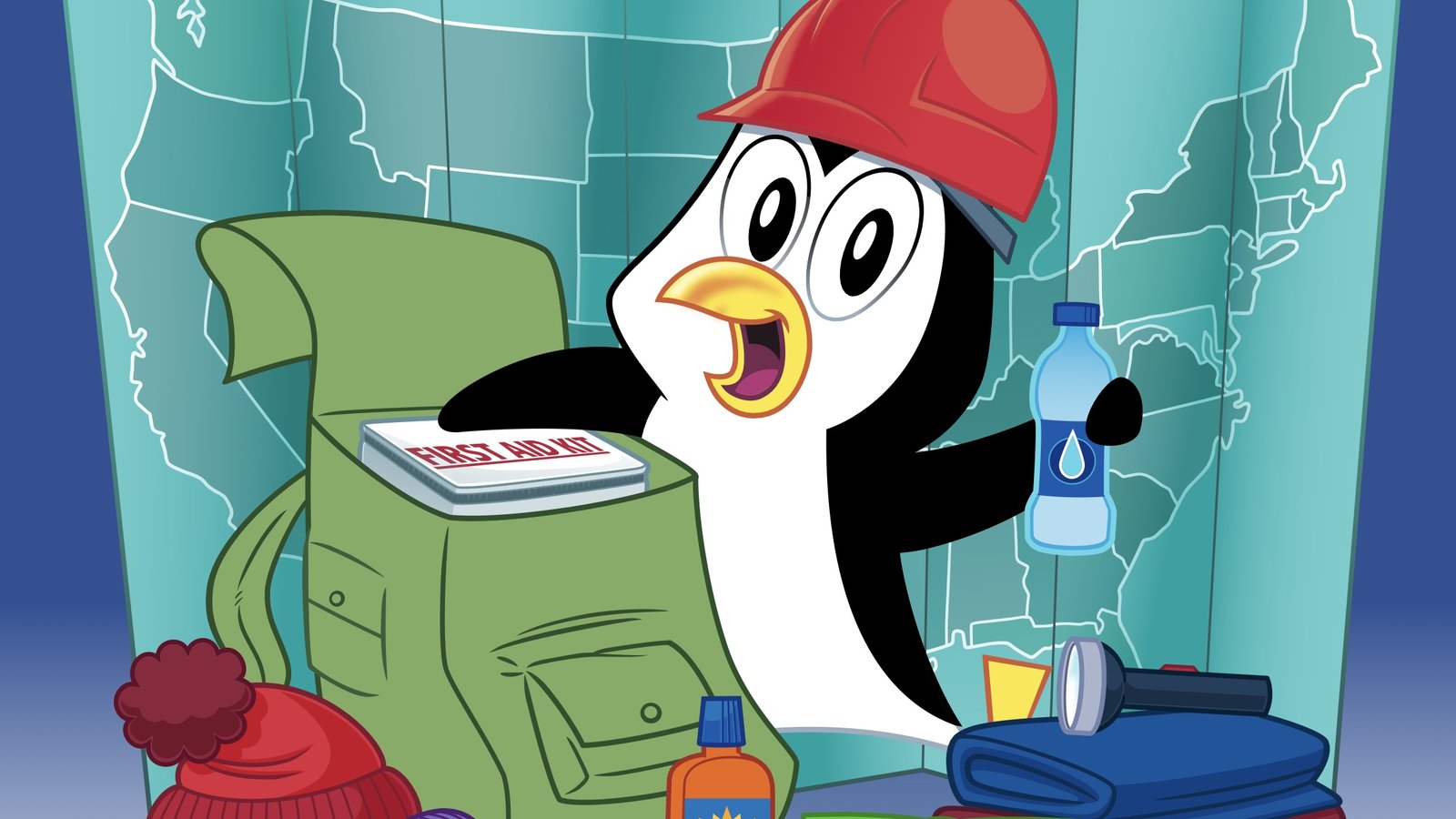 A cartoon penguin with many emergency preparedness objects: first aid kid, cold weather gear, bottled water, maps, etc.