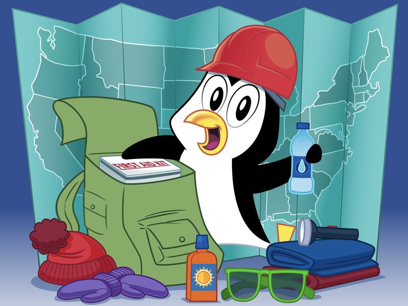 A cartoon penguin with many emergency preparedness objects: first aid kid, cold weather gear, bottled water, maps, etc.